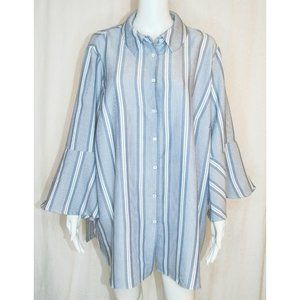 Philosophy Long Button Up Bell Sleeve Blouse Striped Blue & White Size 2X